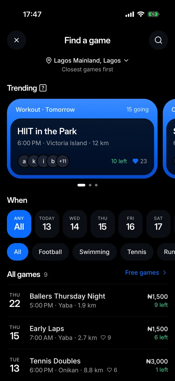 SportyReserve’s Find a game screen, listing nearby games