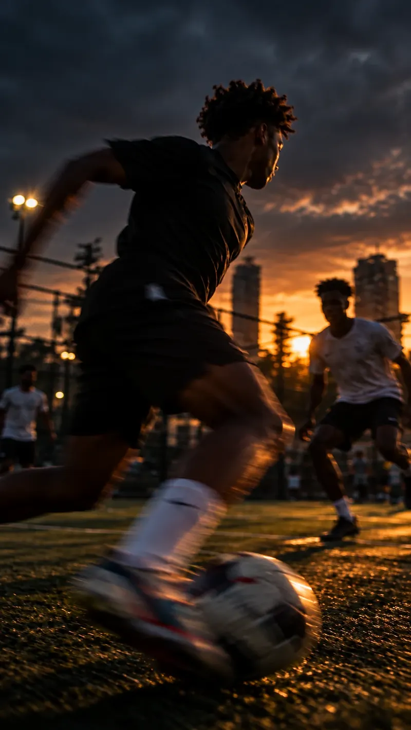Players chasing the ball under the floodlights