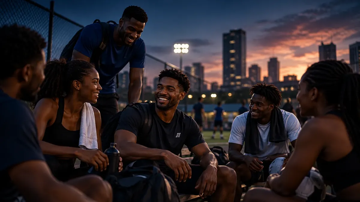 Friends laughing on the sideline after the game